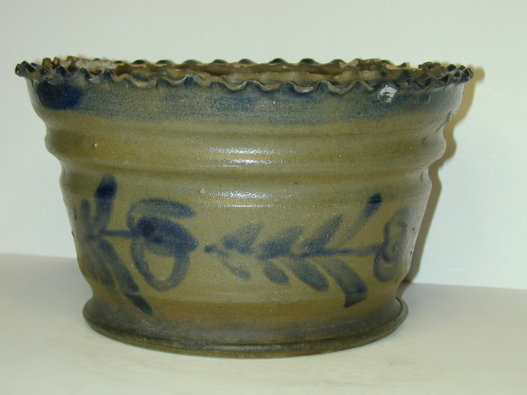 Cobalt decorated flower pot with a pie crust shaped rim. ai13.