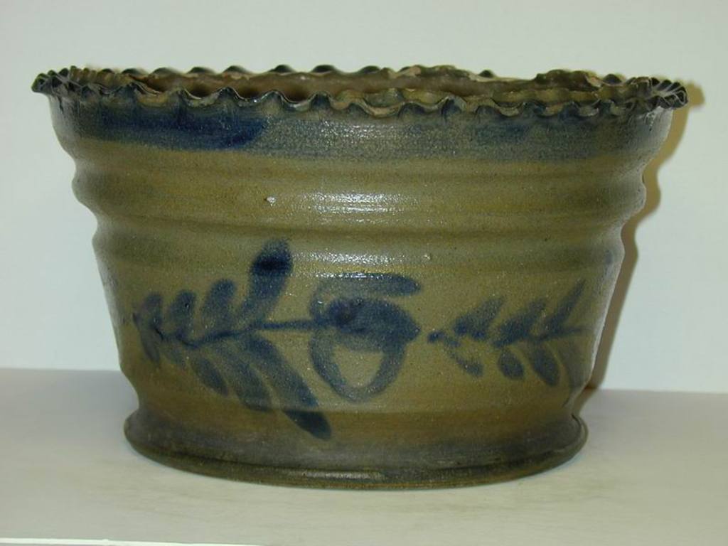 Cobalt decorated flower pot with crimped rim. ai22.