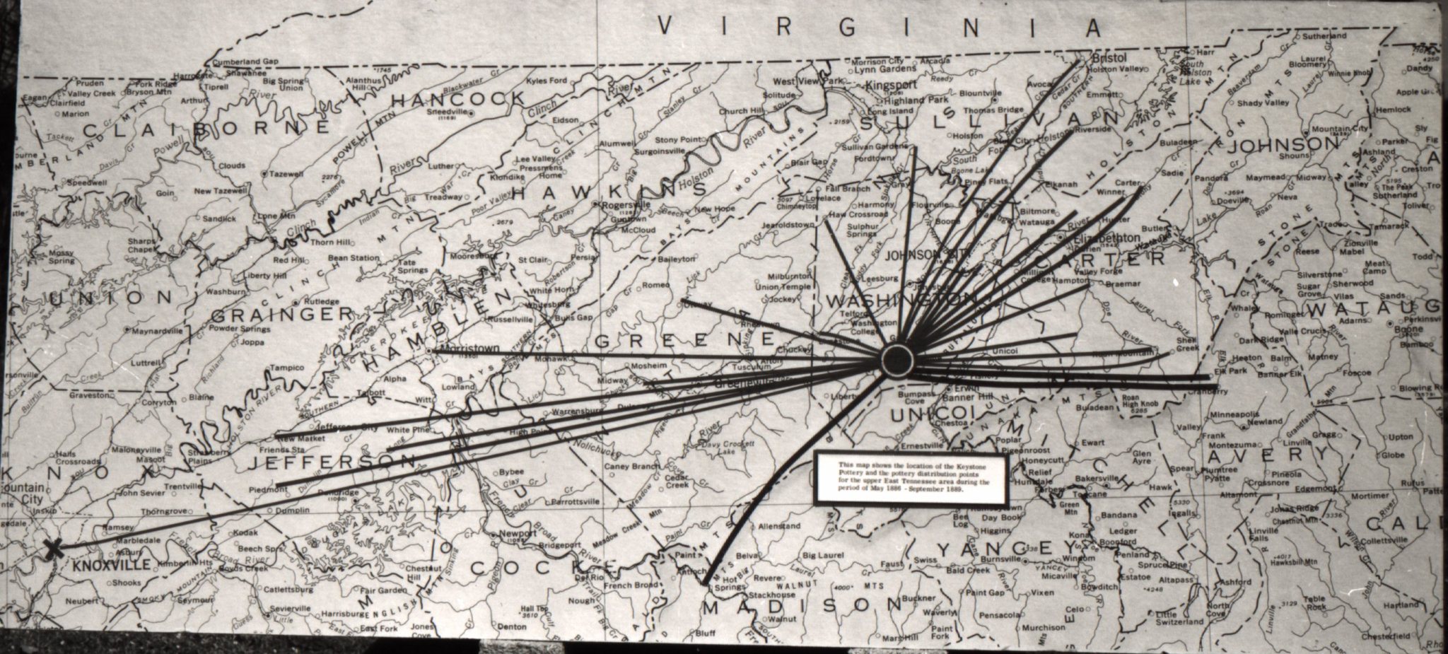 Marketing distribution map from an early exhibit. The caption reads: This map shows the location of the Keystone Pottery and the pottery distribution points for the upper Tennessee area during the period of May 1886 â€“ September 1889. Burbage18.