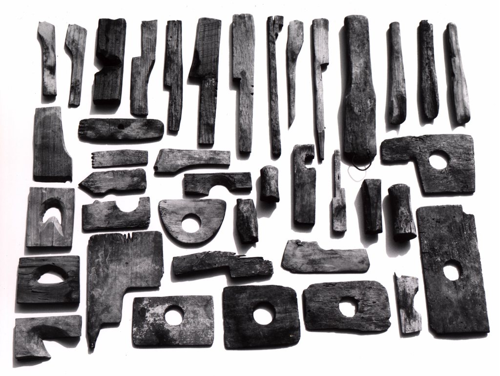 Display of Decker pottery wooden tools, largely from Paul Finkâ€™s collection. Burbage21.