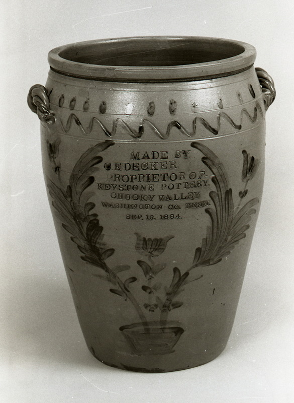 This jar, considered by many to be Charles Decker, Sr.â€™s masterpiece, is dated Sep. 16, 1884 and is 26 inches high and 55 inches in diameter. It won blue ribbons at regional fairs and served to advertise Decker pottery. ai20.