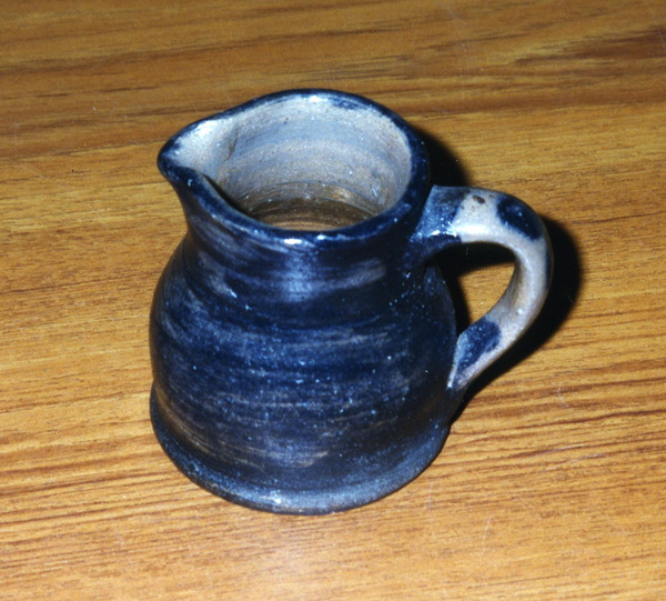Small cobalt covered pitcher dated 1906. ai39.