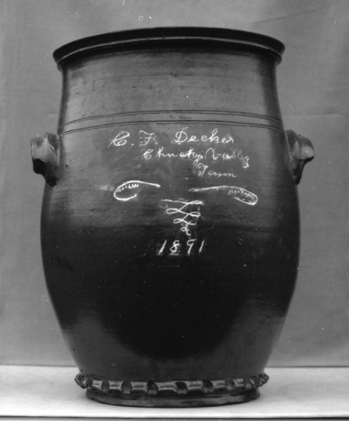 Large jar incised C. F. Decker Chucky Valley Tenn 1891. Burbage24.